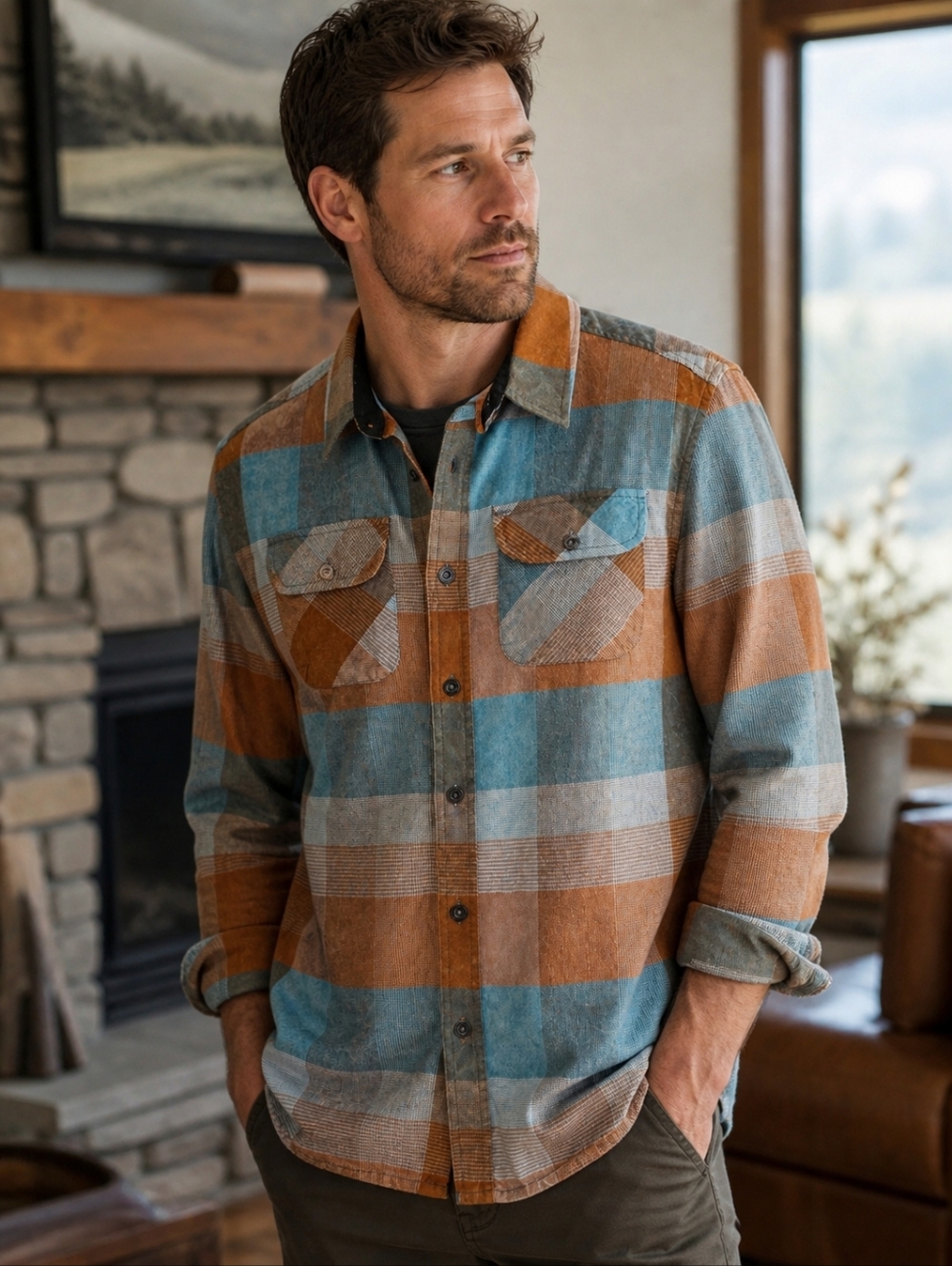 prAna Organic Cotton Lybeck Flannel Shirt Blue Rust Plaid Button Down Men's Med.